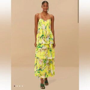 NEW Farm Rio Jellyfish Bouquet Layered Yellow Sleeveless Maxi Dress Prom Small S